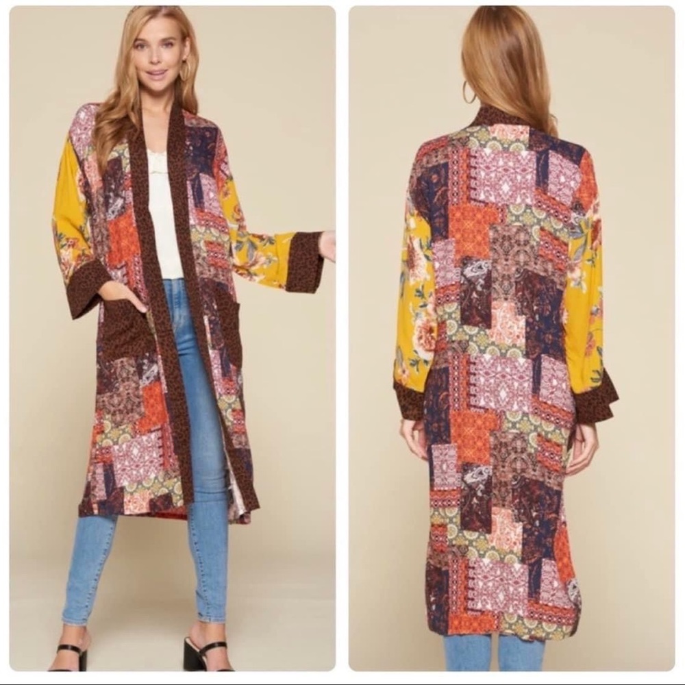 Patchwork Print block longline kimono